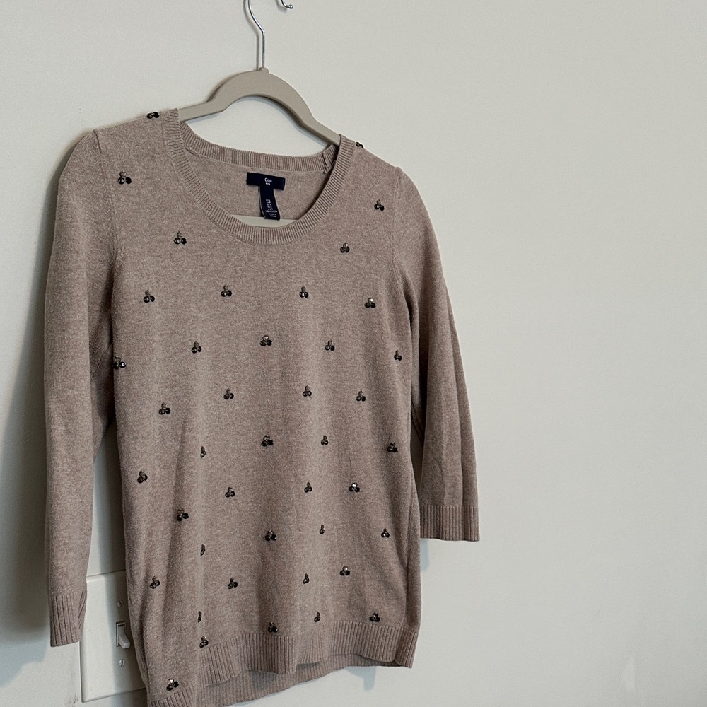 GAP Taupe Embellished Knit Crewneck Sweater with Black and Silver Beads